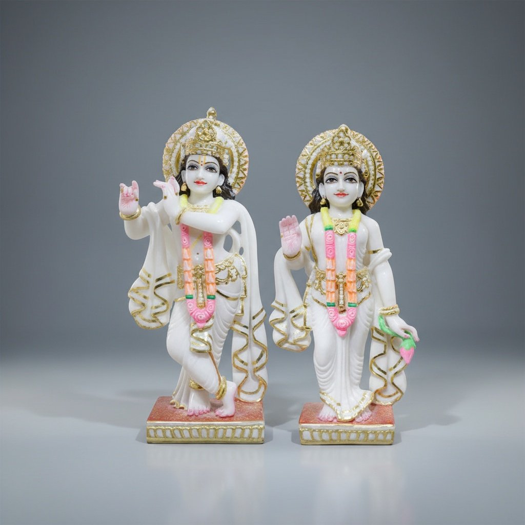 Hand-Painted Marble Radha Krishna Idol Pair with Ornate Halos