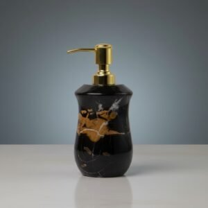 Curved Portoro Black Marble Soap Dispenser with Gold Veining and Gold Pump