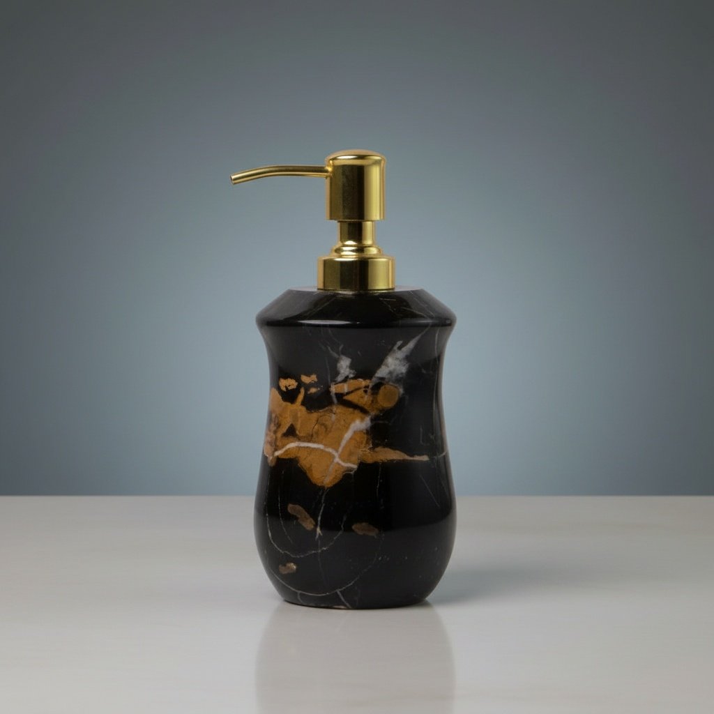 Curved Portoro Black Marble Soap Dispenser with Gold Veining and Gold Pump