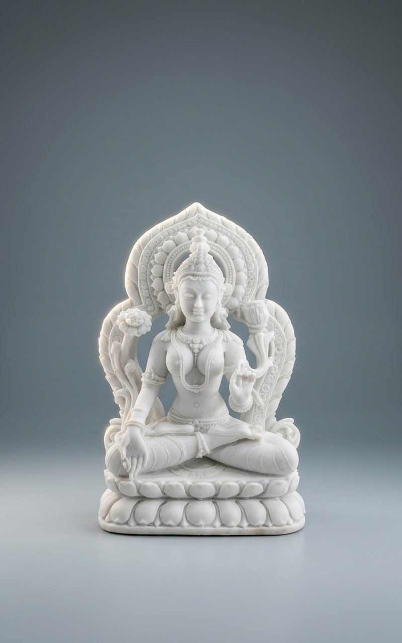 Intricately Carved White Marble Lotus-Seated Deity Statue