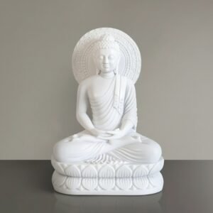 White Marble Meditating Buddha Statue with Detailed Robes on Lotus Pedestal