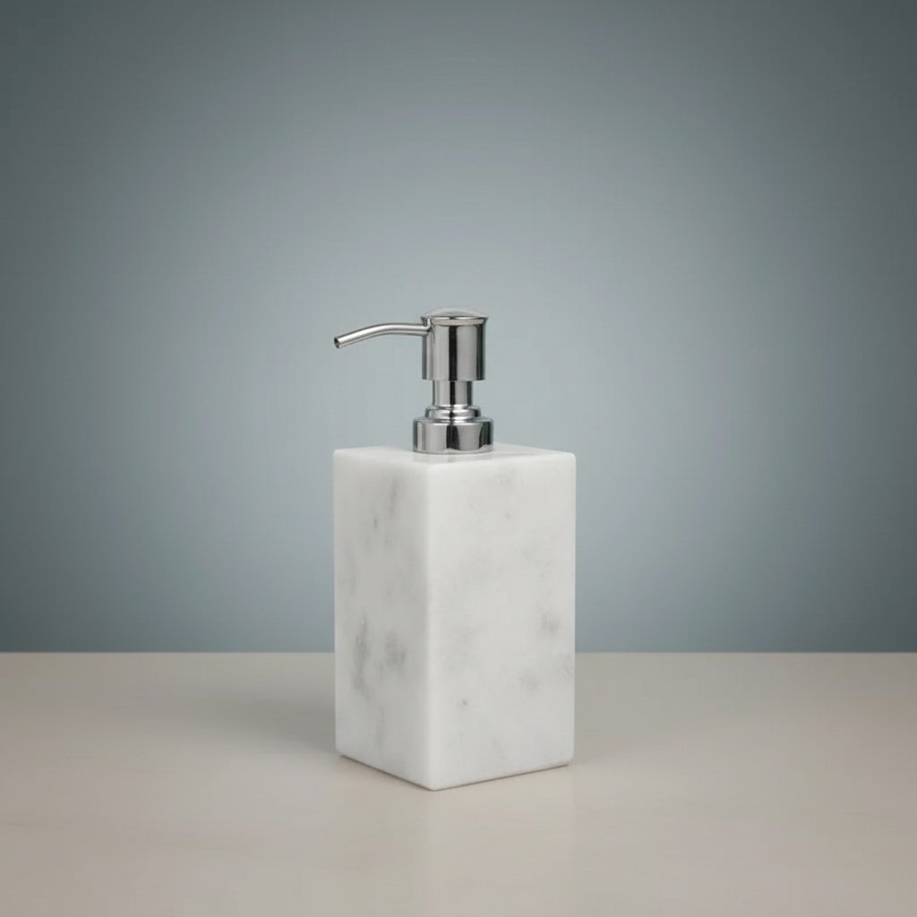 White Marble Cube Soap Dispenser with Polished Silver Pump